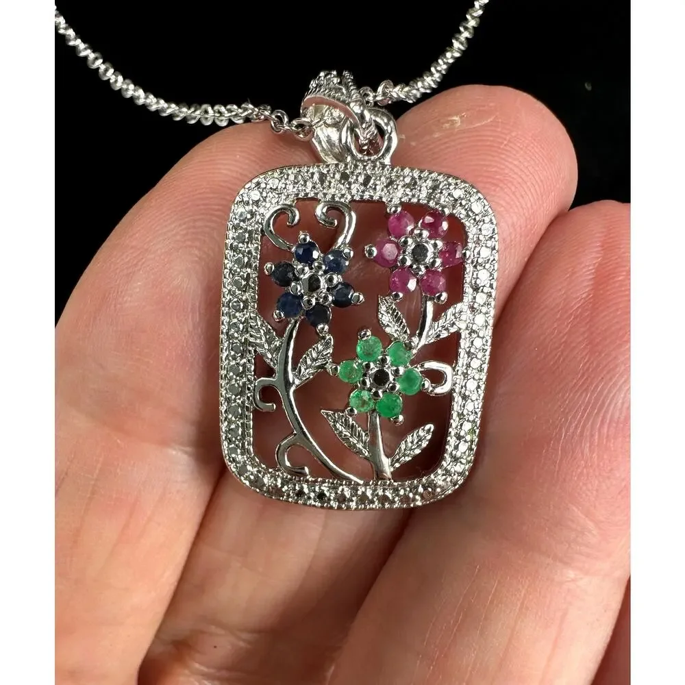 Vintage Floral Gemstone Pendant Necklace Sterling Silver Style